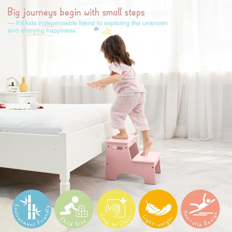 Forbena Pink Girls Toddler Step Stool for Bathroom Sink, Princess Toddler Two Step Stool for Toilet Potty Training, Baby Child Kids Stepping Stool with Handles for Bedroom Classroom Kitchen (Pink) - Image 4